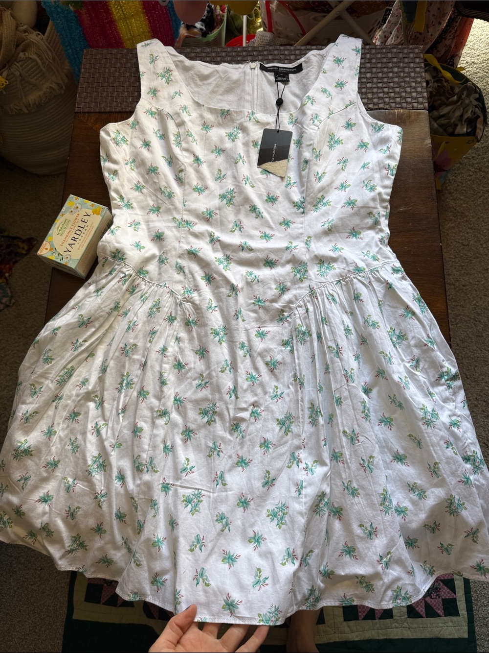 French Connection White Dress with Green Floral Print cotton & has pockets